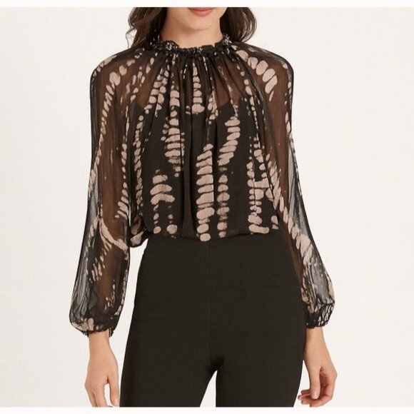 Rungolee Women’s XS 100% Silk Sheer Black Tie-Dye Balloon Sleeve Boho Chic Top - Picture 1 of 14